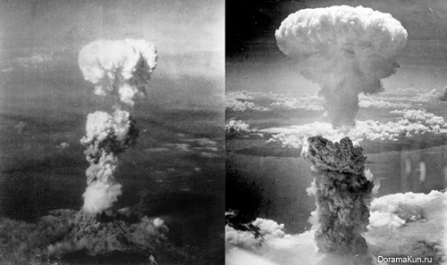 Ядерный гриб над Хиросимой (слева) и Нагасаки (справа)